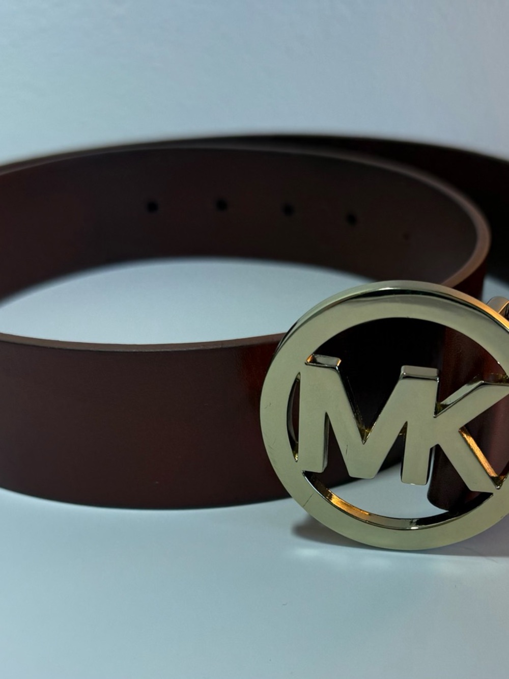 Michael Kors Brown Leather MK Logo Belt Gold Buckle Size Small Wide - Picture 2 of 4